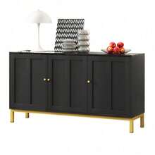 Stilvolles elegantes 3-türiges Sideboard mit Marmor-Tischplatte für Küche, Wohnzimmer und Esszimmer (Schwarz)