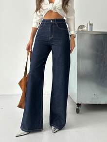 Women's High Waisted Dark Wash Wide Leg Jeans With Zipper And Pockets Long Slight Stretch Fabric For Everyday Style - Navy Blue - View 1