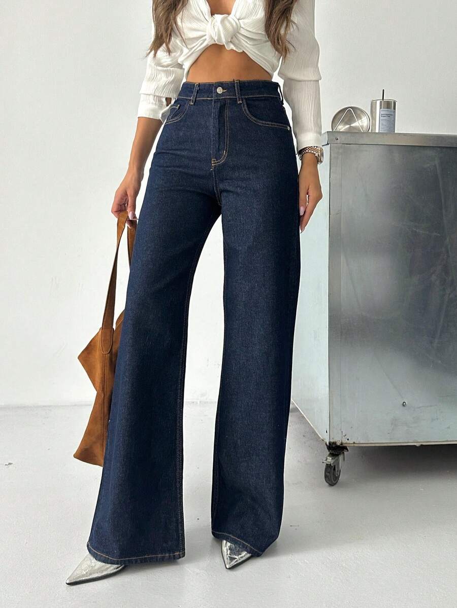 Women's High Waisted Dark Wash Wide Leg Jeans With Zipper And Pockets Long Slight Stretch Fabric For Everyday Style - Navy Blue - View 1