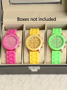 3 piezas Reloj de pulsera de cuarzo de silicona casual y de moda para mujeres, correa cómoda adecuada para uso diario, opción ideal para regalo - Multicolor - Ver 1