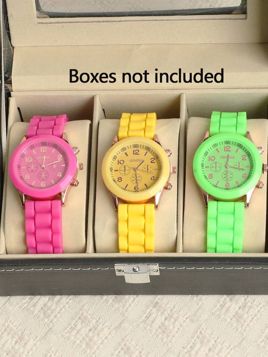 3 piezas Reloj de pulsera de cuarzo de silicona casual y de moda para mujeres, correa cómoda adecuada para uso diario, opción ideal para regalo - Multicolor - Ver 1