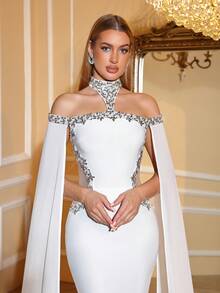 Love Aing Vestido de mujer elegante con adorno de rhinestone de Love Aing, vestido de capa blanco largo de manga larga y cuello alto ajustado, vestido de gala formal para boda, fiesta, banquete
