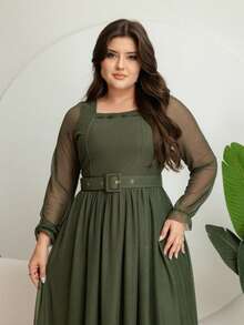 Long Tulle Dress, Plain Fabric, With Belt, Wedding, Holiday - 軍綠色 - 查看 3