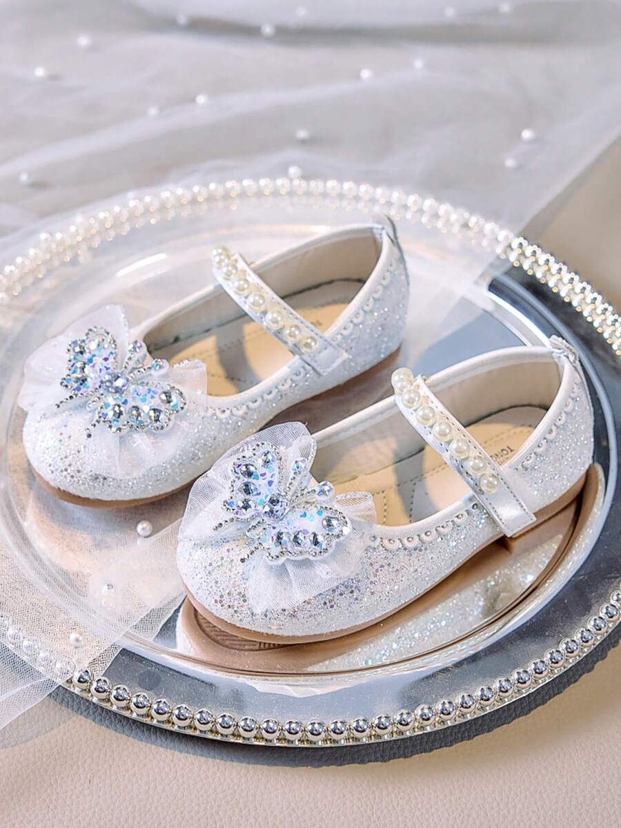 1 双女童软底闪亮蝴蝶水钻公主鞋，时尚百搭，适合日常穿着和装扮 - 米色 - 查看 1
