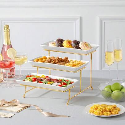MALACASA 3 Pieces Ceramic Serving Plate Set, White Poreclain, Serving Platters And 3-Tier Golden Holders, Large Serving Platters And Tray Rack, Rectangular Serving Trays, 12 Inch