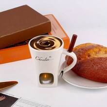 1 set Tasse à café en céramique, pot à faire fondre le chocolat avec fourchette pour cuisine et salle à manger, tasse réchauffe-fromage et set de fusion du chocolat - convient pour mariage en extérieur, fête, cadeau d'anniversaire