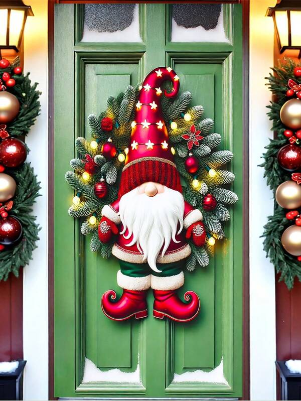 1PC Red Gnome & LED Lighted Pine Christmas Wreath, Festive Christmas Style Artificial Greenery Wreath With Star & Ornament Ball Detail, Hanging Front Door Decoration For Christmas Home Decor, Holiday Party Ornament, Winter Seasonal Decor