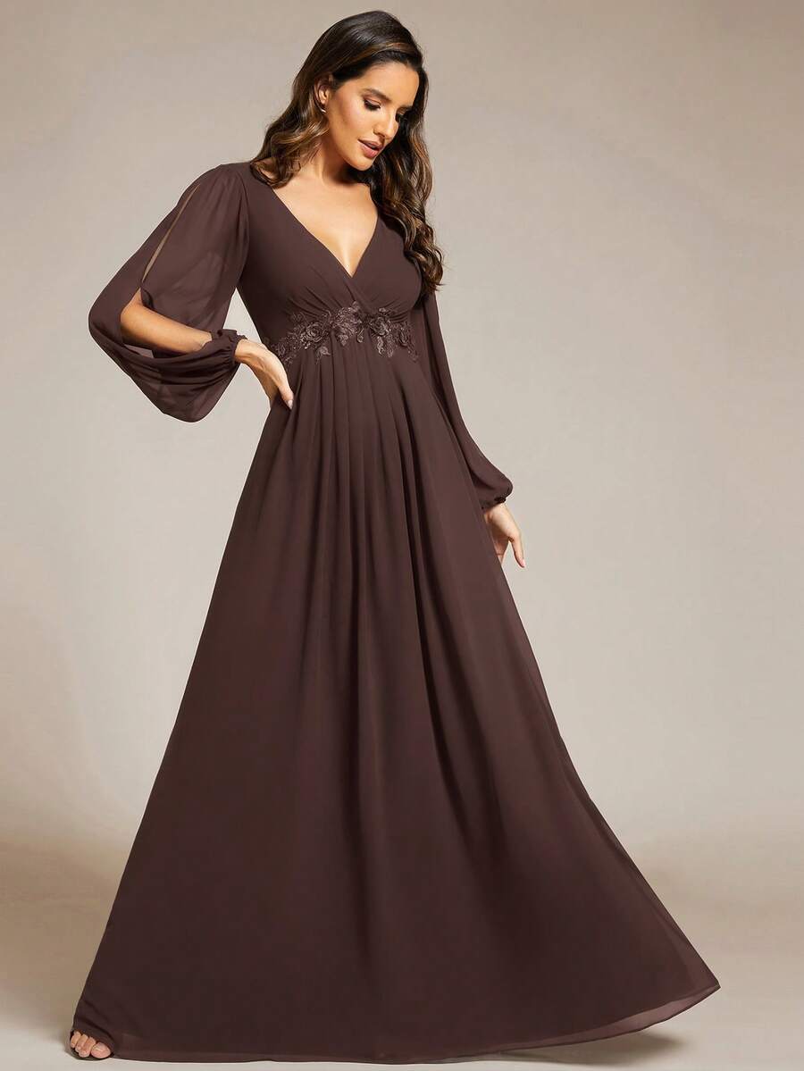 Elegant Applique Design Split Long Sleeve Bridesmaid Dress, Suitable For Wedding Wear - Coffee Brown - View 1