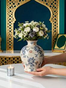 1 pieza Jarrón de cerámica vintage azul y blanco pintado a mano - Decorado con un patrón floral de cabaña rural, adecuado para arreglos florales, perfecto como acento para la decoración del hogar en estilo bohemio. Ideal para exhibiciones florales en la sala de estar, mesa de comedor, estudio, oficina, alféizar de la ventana, bodas y talla grande. - multicolor - Ver 4