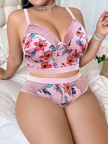 Plus Size Women Floral Print Bra Set, Wireless Soft & Comfortable Lingerie Set - Pink - View 5