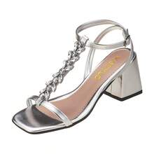 Geometric Thick Block Heel Sandal With Shiny Stones - 銀色 - 查看 1