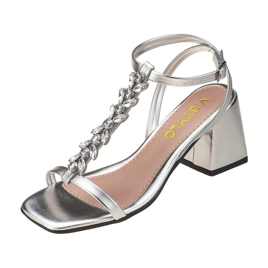 Geometric Thick Block Heel Sandal With Shiny Stones - 銀色 - 查看 1