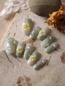 10片装按压式假指甲，粉绿色滴胶，立体花朵波纹，适合办公室日常佩戴，人造指甲套装包含1张粘性贴片和1个迷你指甲锉。 - 彩色 - 查看 10