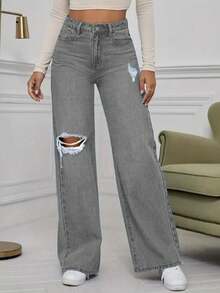 High Quality Casual Distressed Pocket Design Wide Leg Jeans - Grey - View 2