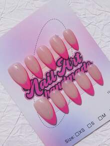 Bộ 10 móng tay giả dài hình quả hạnh nhân, làm móng kiểu Pháp mờ, đầu móng tay màu nude và hồng có thể tái sử dụng dành cho nữ - Hồng - Xem 3