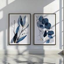 两幅一套的藏蓝色植物墙画，抽象叶子印花海报，适用于客厅、卧室家居装饰，风景主题无框帆布画。 - 藍白色 - 查看 5