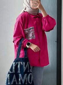 Women's Modest Hot Pink Woven Fabric Top With Shirt Collar, Bishop Long Sleeves, And Unique Pocket Detail, Regular Length Non Stretch - Hot Pink - View 2