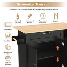 132.5*L44(70)*H90cm Mobile Kitchen Table, Folding Countertop, Oak Grain, Multifunctional Cabinet, Spice Rack, Towel Rack, 5 Rolls, Suitable For Kitchen/Dining Room/Home - Black+Natural + MDF + European - View 2