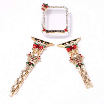 1件圣诞主题表带/表壳，适用于 SE/8/7/6/5/4系列40/41mm和44/45mm，独特的镂空设计，PC硬壳材质+彩色水钻金属边框 - 直接触控屏幕，无延迟，轻巧耐用，金属表带配有可调节折叠表扣，精美礼品 - 手表配件（非套装，表壳和表带单独出售）