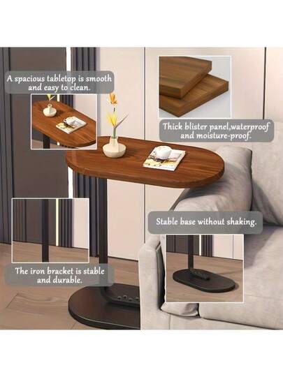 1pc Oval Side Tafel Removable Edge Space Saving Hardwood Sofa Coffee Living Room Or Bedroom, Moderne Wooden Top Metal Frame, Multi Tier Coffee, Snacks, Books Minimalist Tabletop, view 8