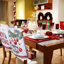 6PCS Merry Christmas Green Christmas Tree Christmas Baubles Green And Red Striped Plaid Red And White Chair Cover Set, Made Of Linen Polyester Material, Detachable And Easy To Clean, Suitable For Christmas Home Kitchen Dining Table Chair Decoration Protective Covers - Red - View 3