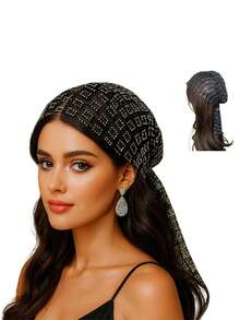 Women's Square Rhinestone Head Scarf Bling Sparkly Hijab Stretchy Rave Turban Hat Handmade Headband Crystal Mesh Cap Hair Snood Nets Vintage Dress Concert Headpiece Black For Women