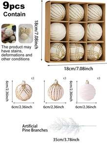 9pcs Christmas Balls Set Glitter Christmas Tree Ornaments Decoration Flocked Christmas Ball Ornaments Xmas Tree Hanging For Indoor Outdoor Holiday Party Decor Christmas Tree Ornament Shatterproof Baubles Hanging Pendant For Home Decoration Party Supplies