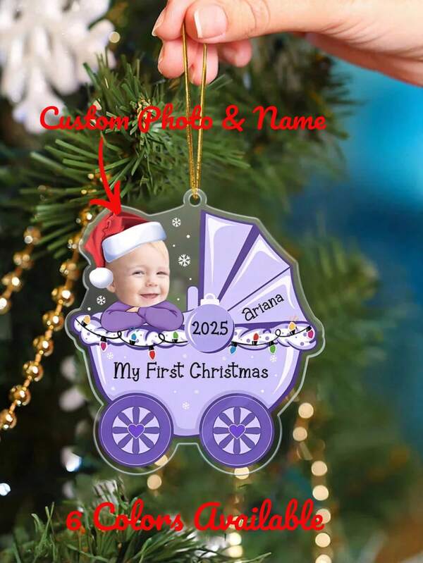 1pc Personalized Baby Christmas Ornament – Custom Face And Name Holiday Decoration, Available In 6 Colors, Acrylic Material, "My First Christmas 2025" Keepsake, Perfect For First Christmas Gift, Nursery Decor, Or Tree Ornament