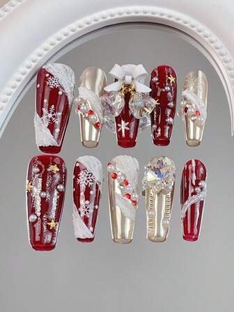 10 Pcs Of Red Christmas Nails, Press On Nails, Red Nails Paired With White Plaster To Decorate Asymmetrical Snowflakes, Gold Nail Surface Decorated With White Plaster, White Faux Pearls, Red Gemstones, 3D Three-Dimensional White Bow To Decorate Large Bells, Cute Nails, Red Nails, Christmas Nails, New Year Nails,Press On Acrylic Nails
