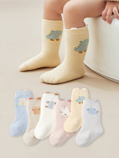 3 Pairs Thickened Fleece Lined Cartoon Baby Crew Socks, 0-3 Years Old, Cute For Autumn/Winter