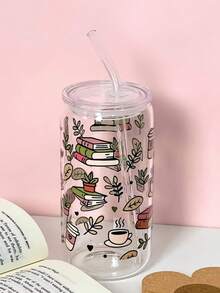 500ml/16.91oz Knowledge Ocean Glass Straw Cup, Large Capacity Straw Tumbler For Coffee, Matcha And Other Beverages