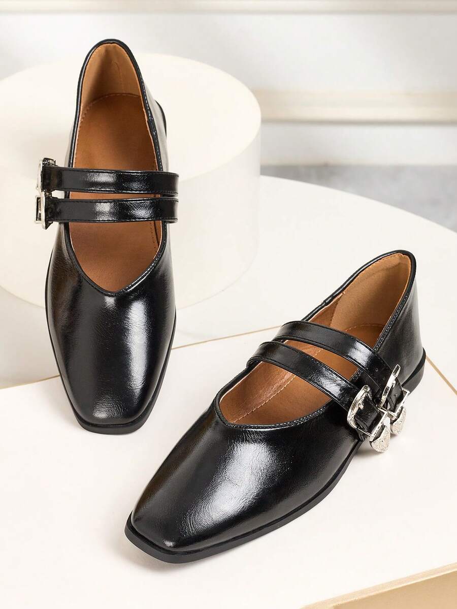 Schwarze quadratische Spitze handgefertigte flache Ballett Mary Jane Schuhe, Slip-On Lässig minimalistische vielseitige Ausschnitt-Outdoor-Schuhe für Frauen, ganzjährig