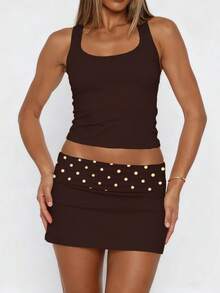 Women Y2k Bodycon Mini Skirt Polka Dot Low Rise Fold Over Skinny Short Skirt Cute Going Out Club Streetwear - 咖啡棕 - 查看 2