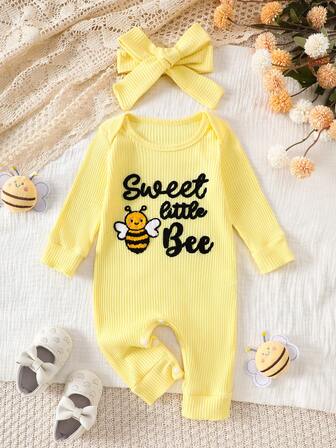 2pcs Baby Girls' Yellow Long Sleeve Jumpsuit With Embroidered Bee Pattern And Matching Headband