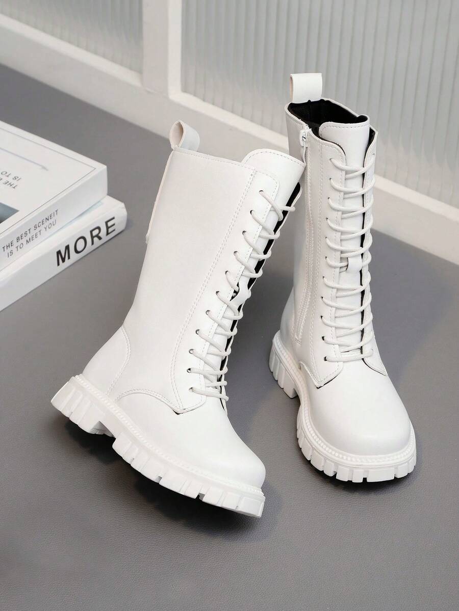 1 双白色柔软舒适 PU 皮革经典系带圆头高帮靴,适合幼儿女孩,适合 3-15 岁学生,休闲户外穿着,秋冬 - 白色 - 查看 1