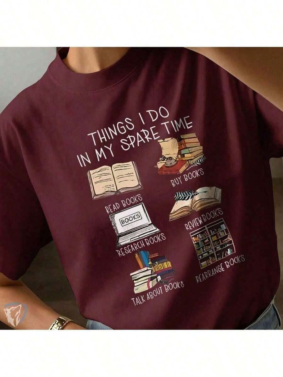 Women's Unisex Printed T-Shirt Book Lovers And Reading Creative Fashion 100% Cotton Blouse Over Looser Style - Màu Tím - Xem 1