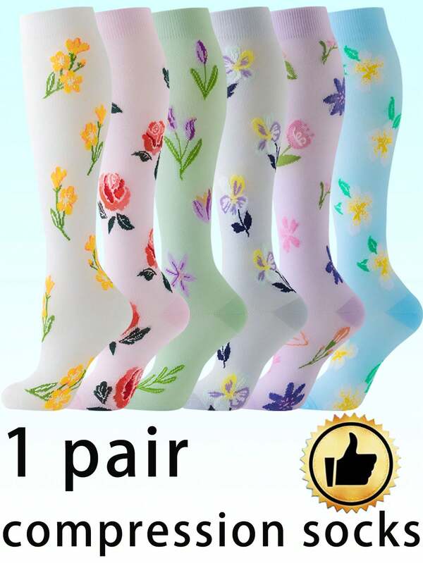 1 par de calcetines de compresión con estampado floral para hombres y mujeres, adecuados para deportes al aire libre como ciclismo, gimnasia, fútbol, senderismo, baloncesto, deportes de hielo y nieve, escalada de montaña, etc. Fabricado en tejido de nailon y poliéster.