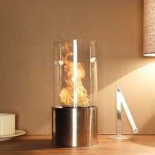 Set aus 4 Tragbarer Tischkamin mit zylindrischem Glas 26cm hoch Tischfeuerschale Topf Saubere Verbrennung Bio Ethanol Ventless Feuerstelle für Innen Außen Terrasse Partys (Silber) - Silber - Übersicht 1