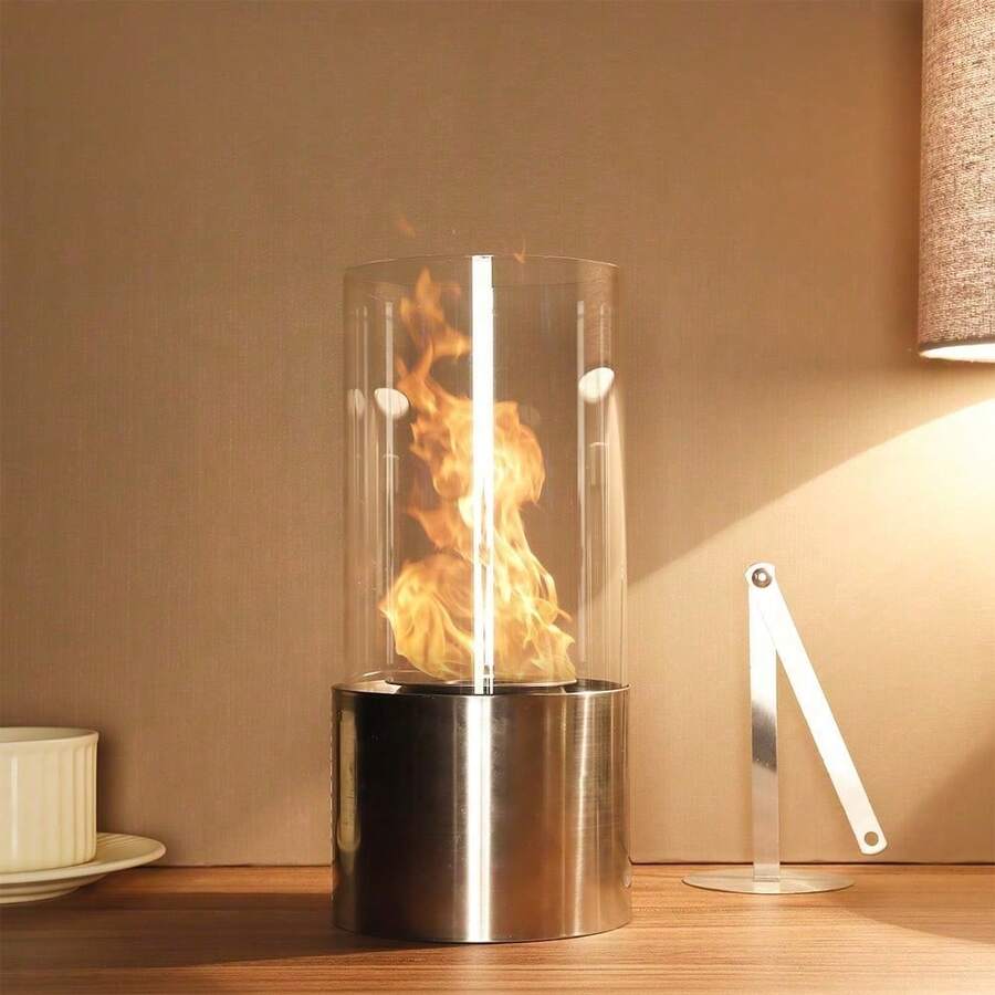 Set aus 4 Tragbarer Tischkamin mit zylindrischem Glas 26cm hoch Tischfeuerschale Topf Saubere Verbrennung Bio Ethanol Ventless Feuerstelle für Innen Außen Terrasse Partys (Silber) - Silber - Übersicht 1