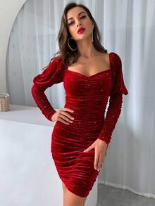 Joyfunear 女士褶皱心形领口羊腿袖连衣裙 - 酒紅色 - 查看 2