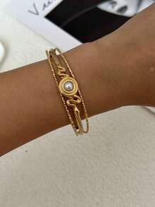 14k Gold Plated Cubic Zirconia & Pearl Elegant Luxury Women Bracelet