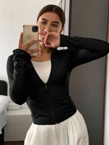 Livesso Women's Regular Fit Casual Sport Zip-Up Bomber Jacket, Spring,Fall Women Clothes - Black - View 2