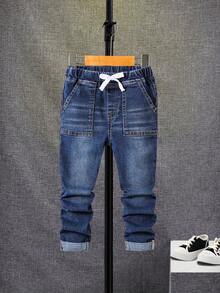 Young Boys Gray Long Sleeve Geometric Textured Crew Neck Sweatshirt + Elastic Denim Pants, Casual Outfit For Daily Wear - Grey - View 5