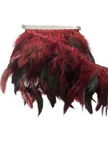 2 Meters Natural Chicken Feather Trim With Fabric Edge - DIY Craft Feather Strip For Costume Design & Stage Clothing, Handmade Garment Embellishment Supply, Vintage Style Frayed Trim For Skirts & Dresses Multiple Color Options, Diverse Creative Designs. - Burgundy - View 4