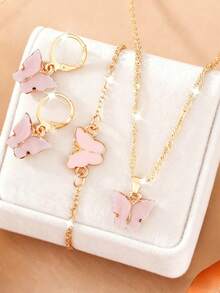 Juego de joyería de 4 piezas con forma de mariposa de acrílico y aleación para niñas, que incluye collar, aretes y pulsera