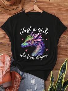 Women's Cute Dragon Watercolor Art Print T-Shirt - Purple Dragon & Pink Hearts Design With Just A Who Loves Dragons Quote, Soft Stretchy Semi-Sheer Fabric, Short Sleeve Crew Neck Casual Top For Summer & Spring, Casual Attire, Machine Washable Shirt - màu đen - Xem 1