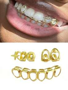 1 Set Unique Hollow Combination Zirconia Teeth Grillz, Includes 4-Hole & 6-Tooth Hip Hop Teeth Jewelry Accessories, Suitable For Cosplay, Stage, Holidays, Gift With Tooth Gel