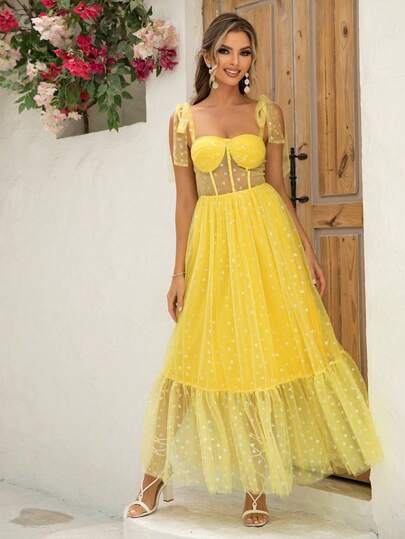 Joyfunear 女式荷叶边网眼系带性感连衣裙