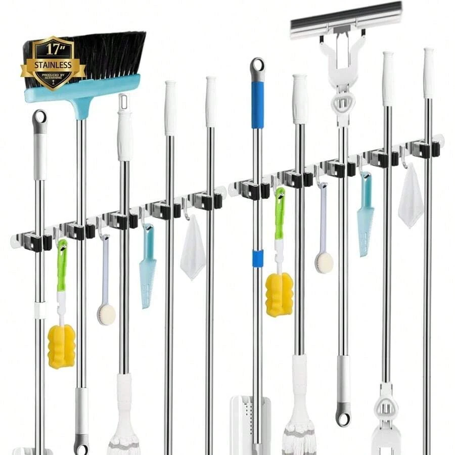 2 Pack Mop And Broom Holder Wall Mount 5 Racks And 4 Hooks Broom Organizer Storage Tool Racks Stainless Steel Heavy Duty Hooks Self Adhesive Solid Nonslip For Home Kitchen Garden Laundry Garage