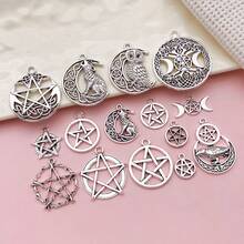 Mixed 15 Pcs DIY Antique Silver Pentagram, Sun, Moon Charms, Keychains, Necklace, Bracelet, Earring Pendant Accessories, Alloy Ornaments. - Antique Silver - View 9